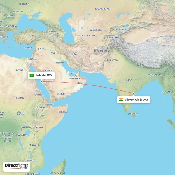 Vijayawada - Jeddah direct flight map