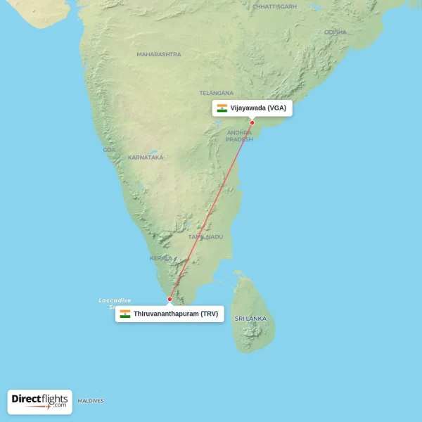 Vijayawada - Thiruvananthapuram direct flight map