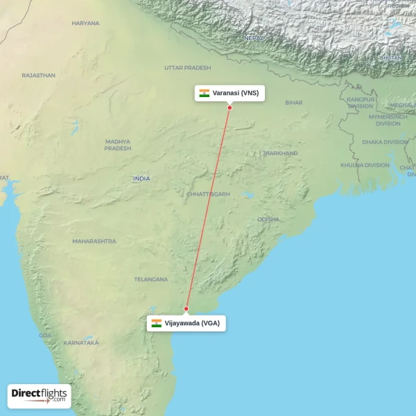 Vijayawada - Varanasi direct flight map