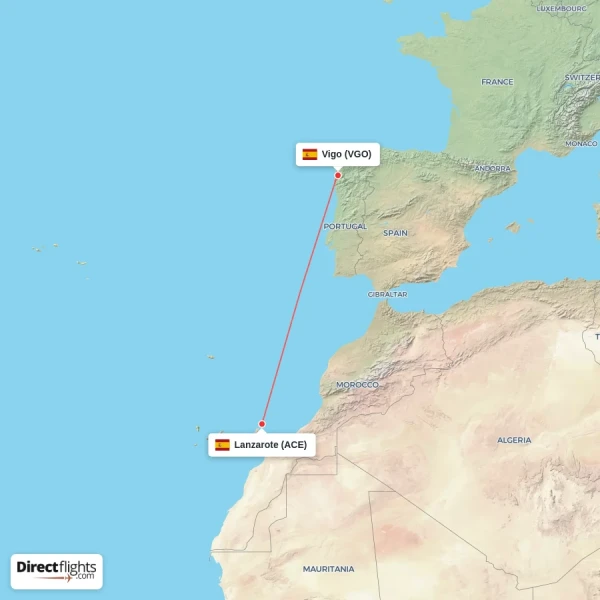 Vigo - Lanzarote direct flight map
