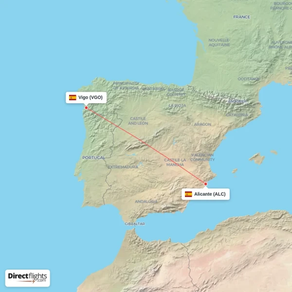 Vigo - Alicante direct flight map