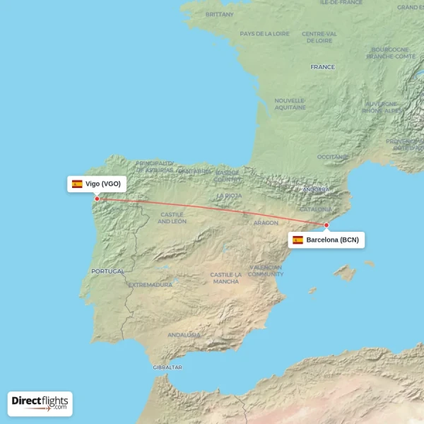 Vigo - Barcelona direct flight map