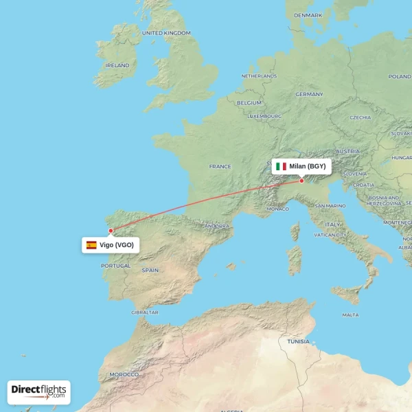 Vigo - Milan direct flight map