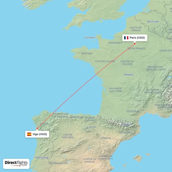 Vigo - Paris direct flight map