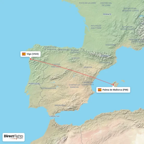 Vigo - Palma de Mallorca direct flight map