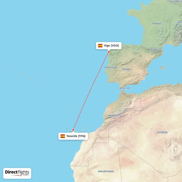 Vigo - Tenerife direct flight map