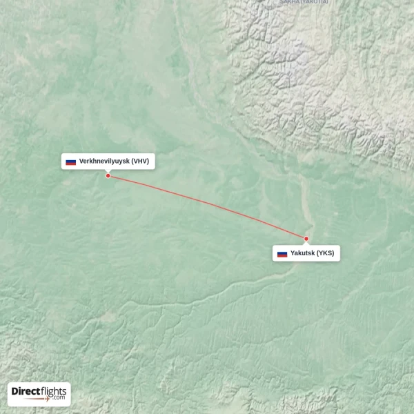 Verkhnevilyuysk - Yakutsk direct flight map