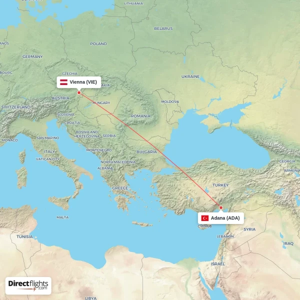 Vienna - Adana direct flight map