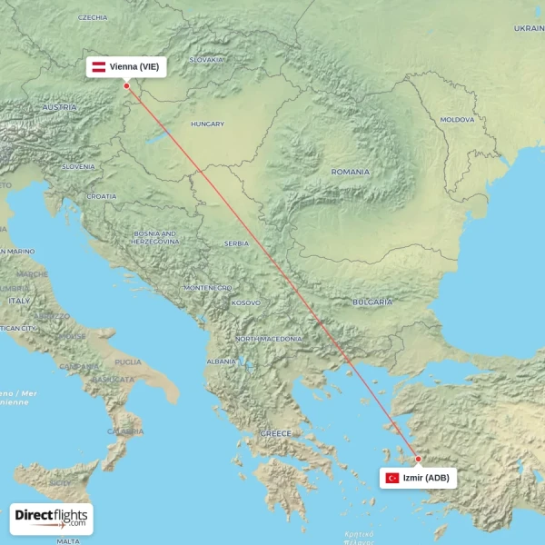 Vienna - Izmir direct flight map