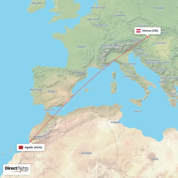 Vienna - Agadir direct flight map