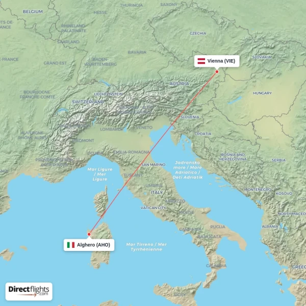 Vienna - Alghero direct flight map