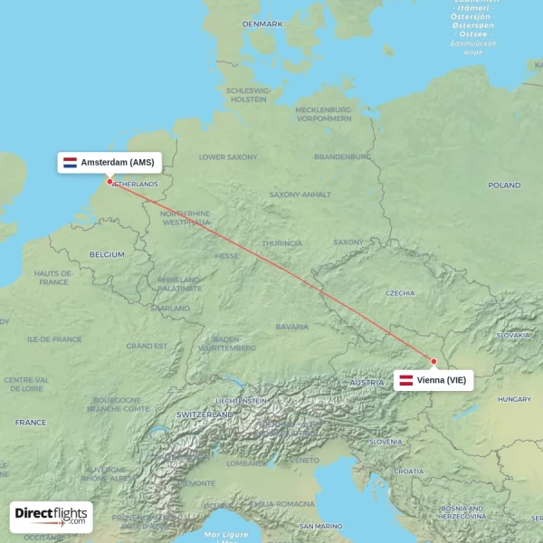 Vienna - Amsterdam direct flight map