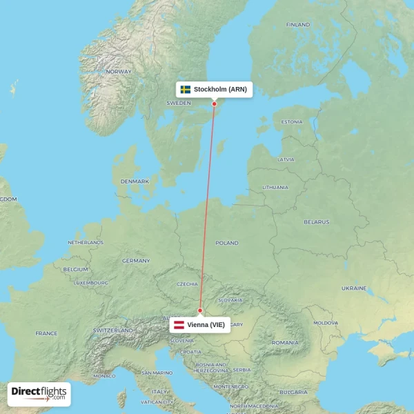 Vienna - Stockholm direct flight map
