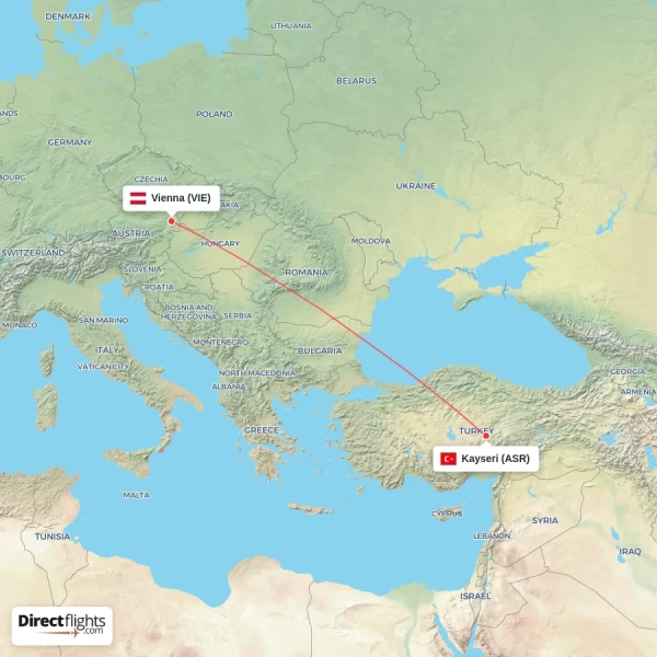 Vienna - Kayseri direct flight map