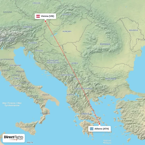 Vienna - Athens direct flight map
