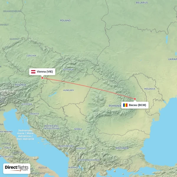 Vienna - Bacau direct flight map