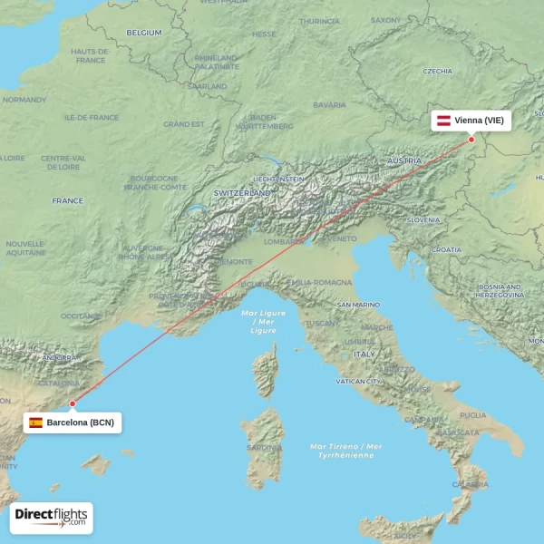 Vienna - Barcelona direct flight map
