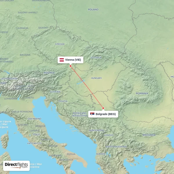 Vienna - Belgrade direct flight map