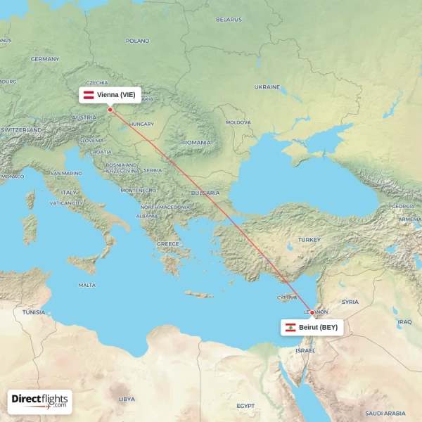 Vienna - Beirut direct flight map