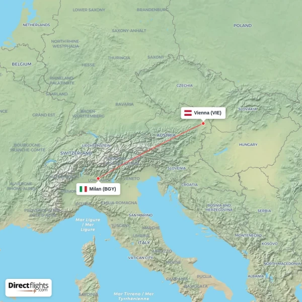 Vienna - Milan direct flight map