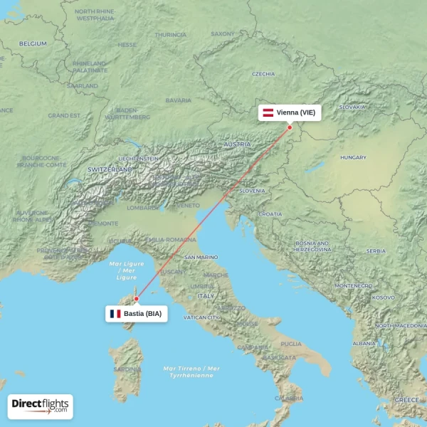 Vienna - Bastia direct flight map