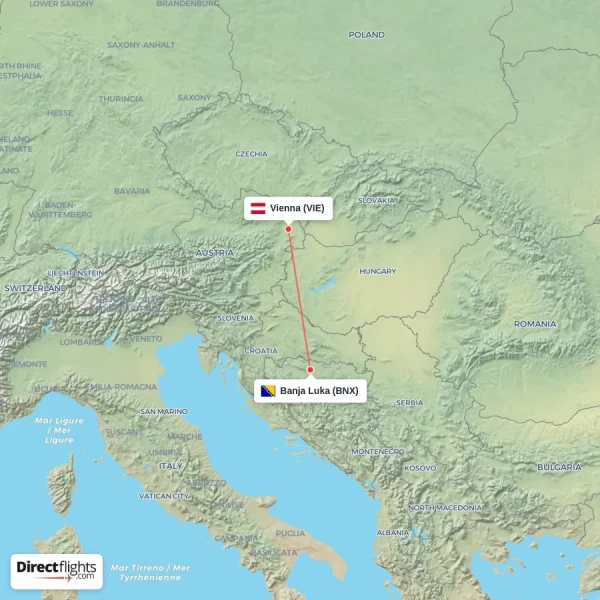 Vienna - Banja Luka direct flight map