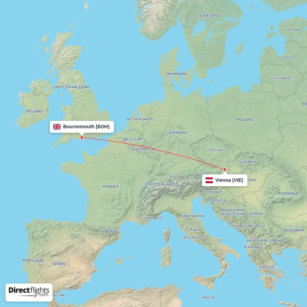 Vienna - Bournemouth direct flight map