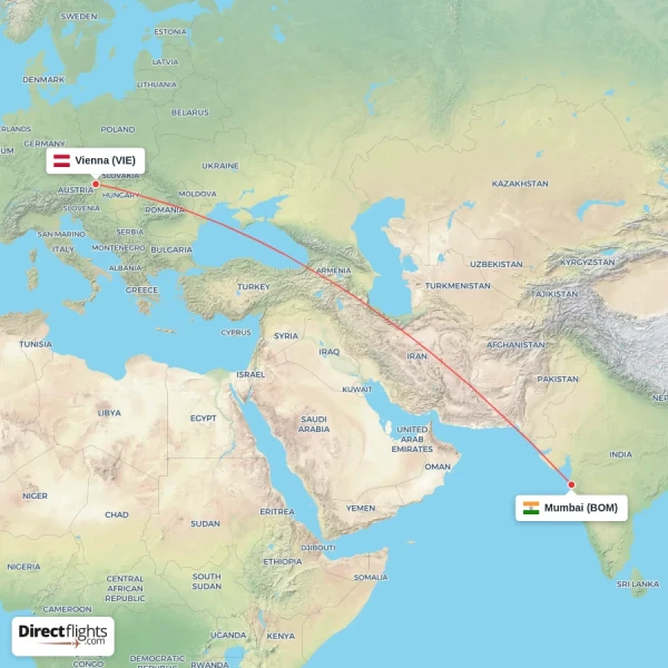 Vienna - Mumbai direct flight map