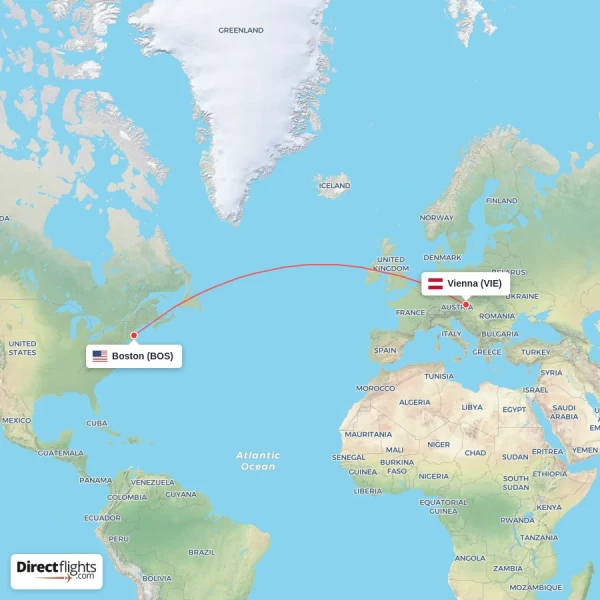 Vienna - Boston direct flight map