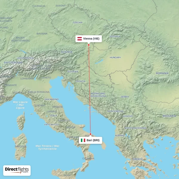 Vienna - Bari direct flight map