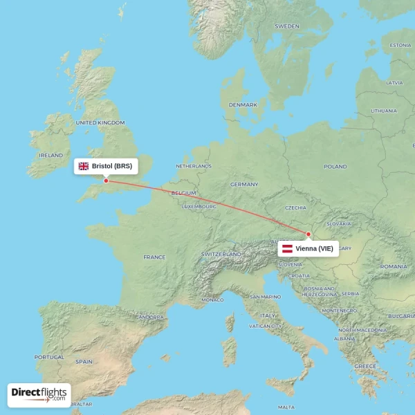 Vienna - Bristol direct flight map