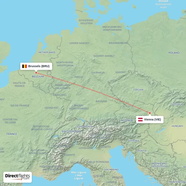 Vienna - Brussels direct flight map