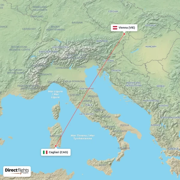 Vienna - Cagliari direct flight map
