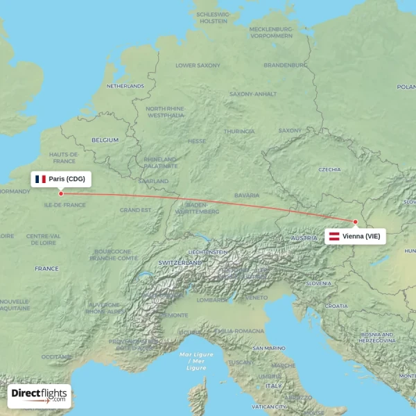 Vienna - Paris direct flight map