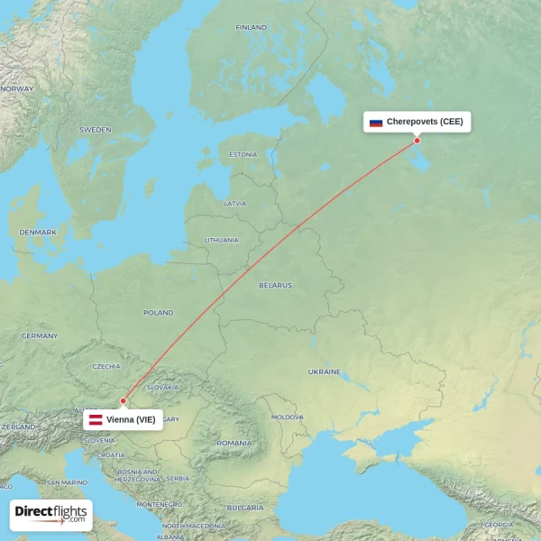 Vienna - Cherepovets direct flight map