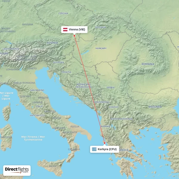 Vienna - Kerkyra direct flight map