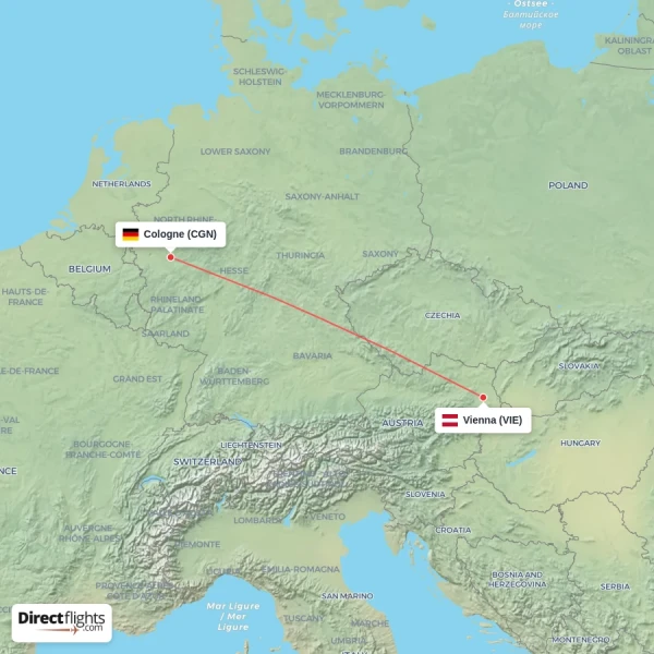 Vienna - Cologne direct flight map