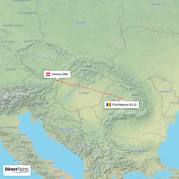 Vienna - Cluj-Napoca direct flight map