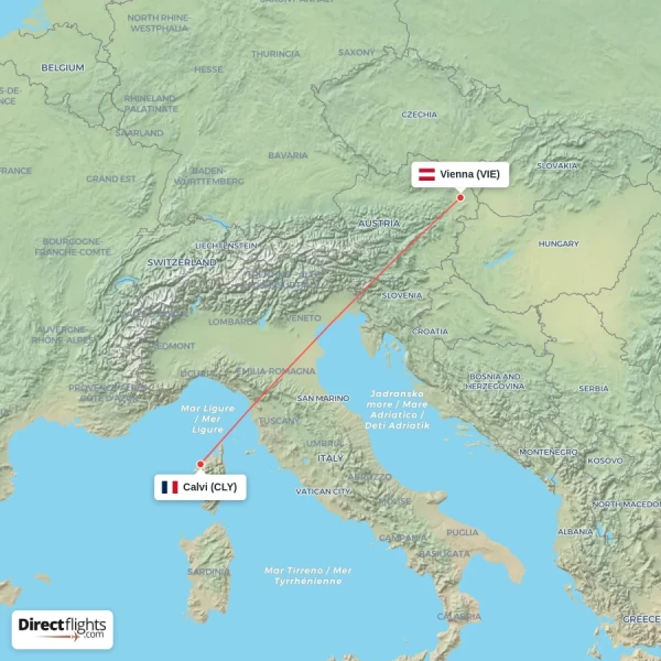 Vienna - Calvi direct flight map