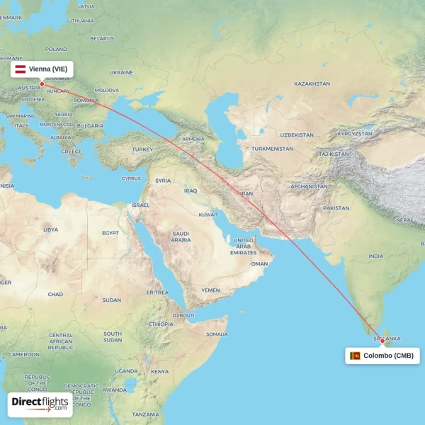 Vienna - Colombo direct flight map