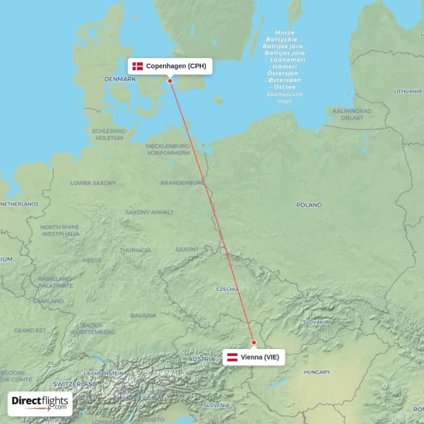 Vienna - Copenhagen direct flight map