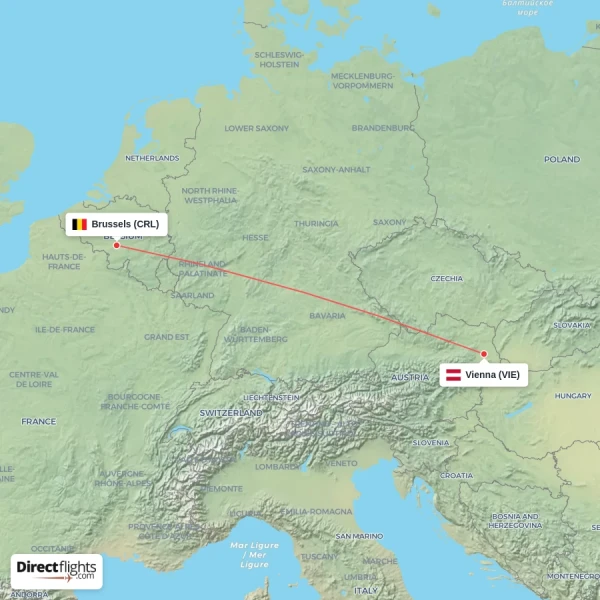 Vienna - Brussels direct flight map