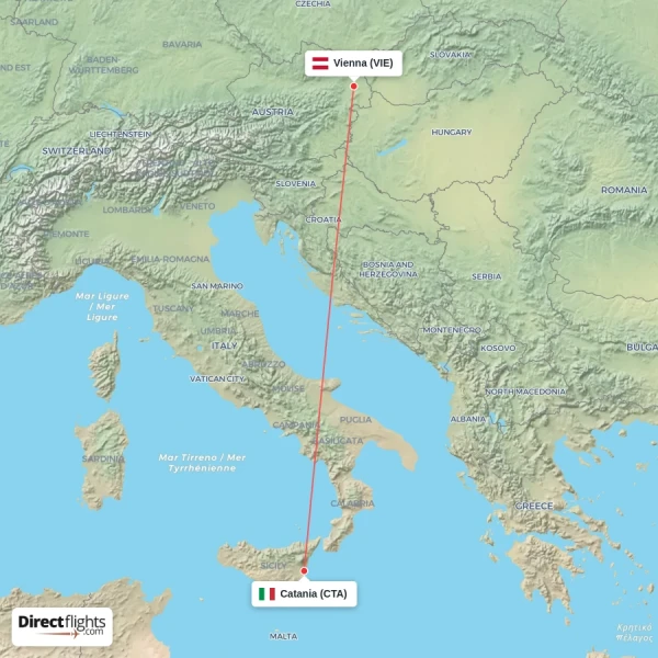 Vienna - Catania direct flight map