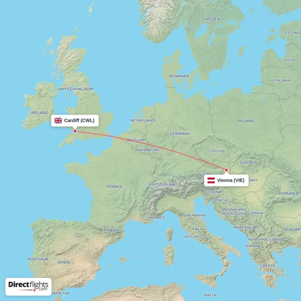Vienna - Cardiff direct flight map