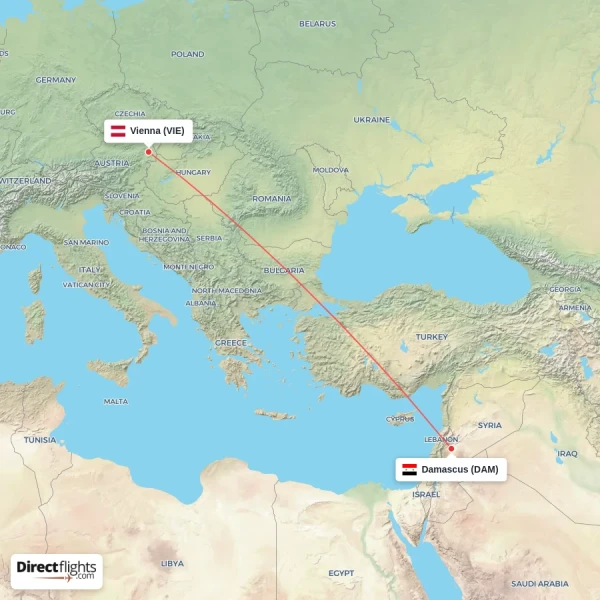 Vienna - Damascus direct flight map