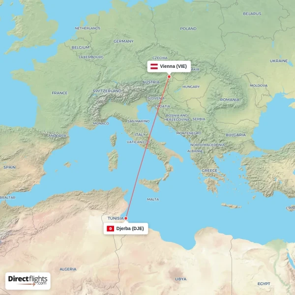 Vienna - Djerba direct flight map