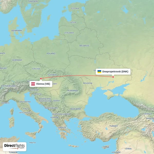 Vienna - Dnepropetrovsk direct flight map