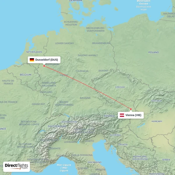 Vienna - Dusseldorf direct flight map