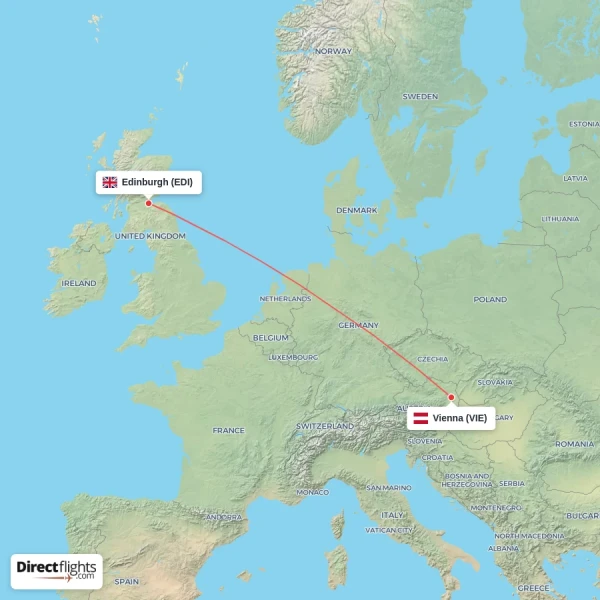 Vienna - Edinburgh direct flight map