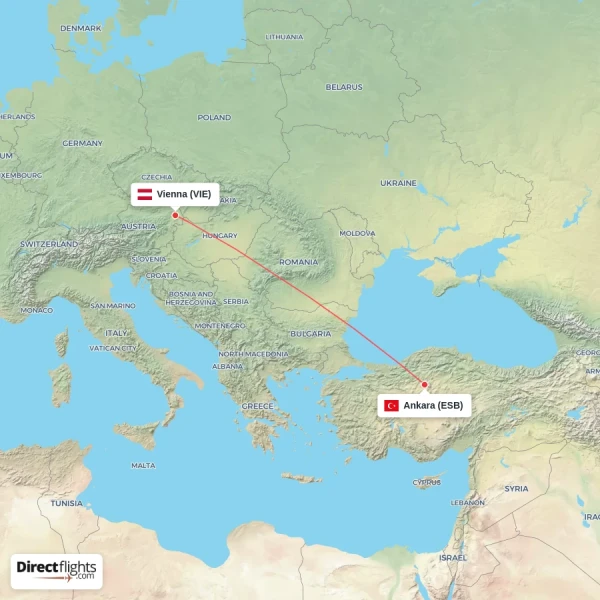 Vienna - Ankara direct flight map